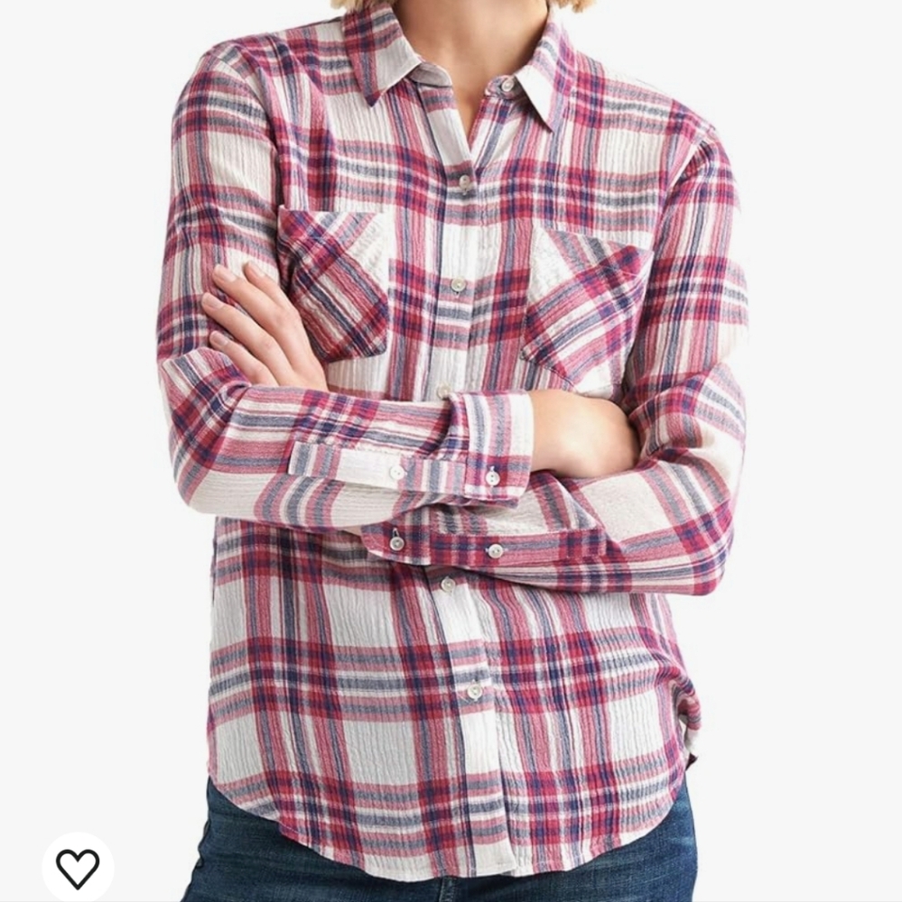 Lucky Brand lightweight white red tartan plaid button down top. Size medium